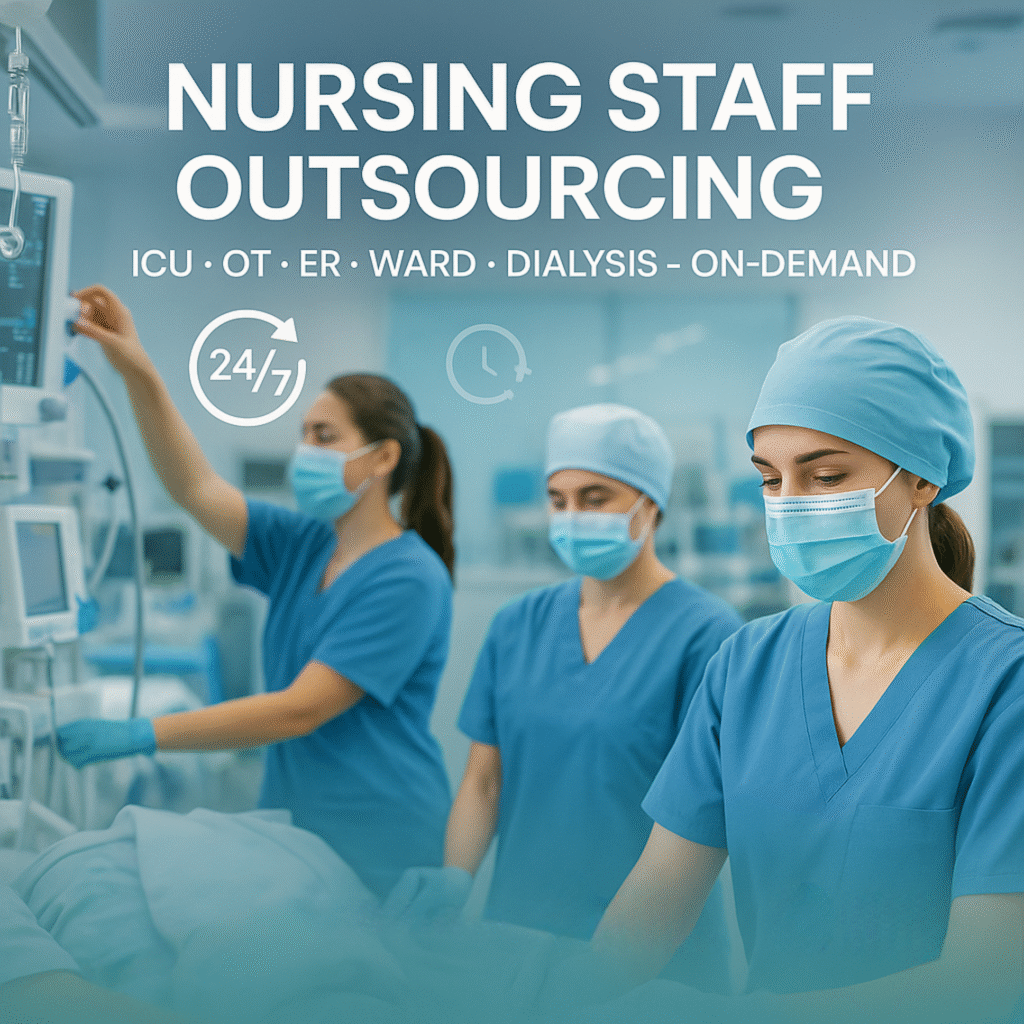 “Nursing staff outsourcing services for ICU, OT, ER, ward, and dialysis with on-demand 24/7 trained nurses in hospitals.”