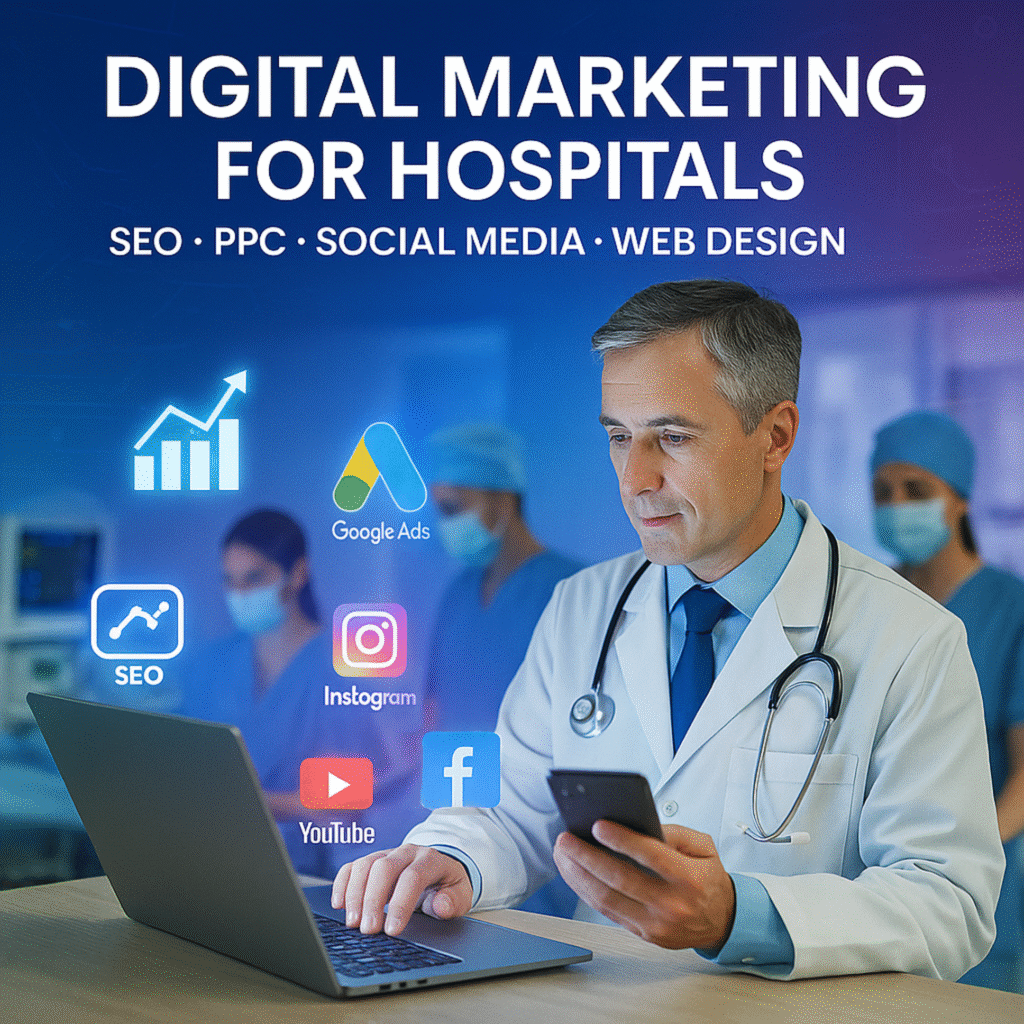 “Digital marketing services for hospitals including SEO, PPC, social media, Google Ads, and web design for healthcare growth.”