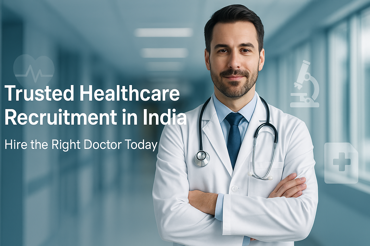 “Male doctor in white coat with stethoscope in hospital corridor with text Trusted Healthcare Recruitment in India – Hire the Right Doctor Today”