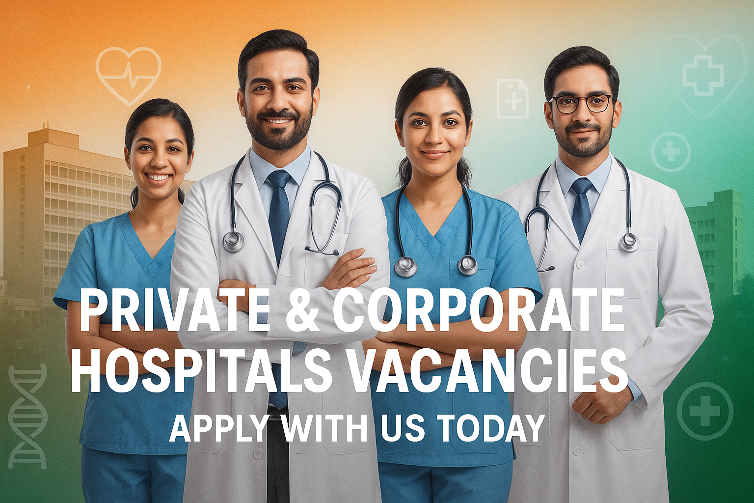 “Group of doctors and nurses in front of hospital building with text Private & Corporate Hospitals Vacancies – Apply Today”